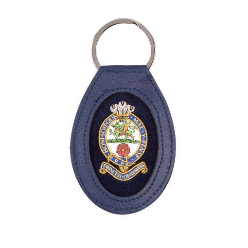 Picture of PWRR Leather Key Fob - Cap Badge embroidered, navy background.