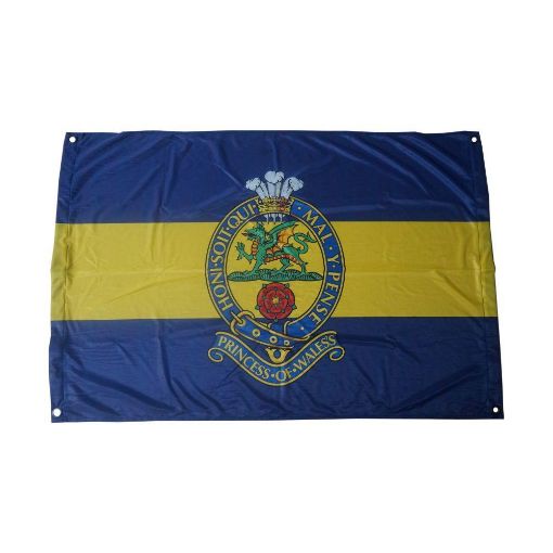 Picture of PWRR Flag Knitted polyester in Blue, Yellow, Blue background with 'PWRR' cap badge centre. 